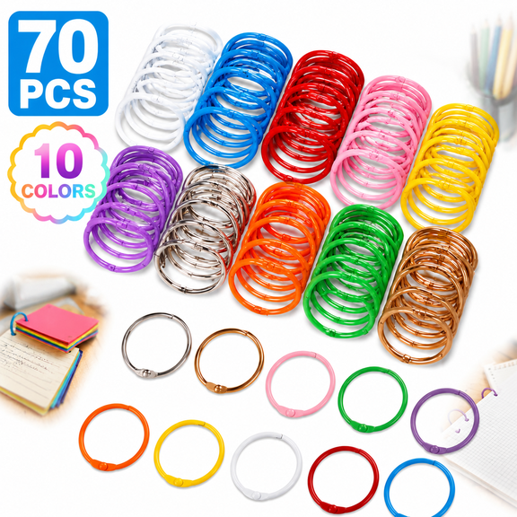 Genreen 70Pcs Binder Rings, 1 1/5 Inch Metallic Loose Leaf Binder Ring, Binding Rings for Index Cards, Colorful Book Keychain Key Rings for Paper Notebook Office School Home, 10 Colors
