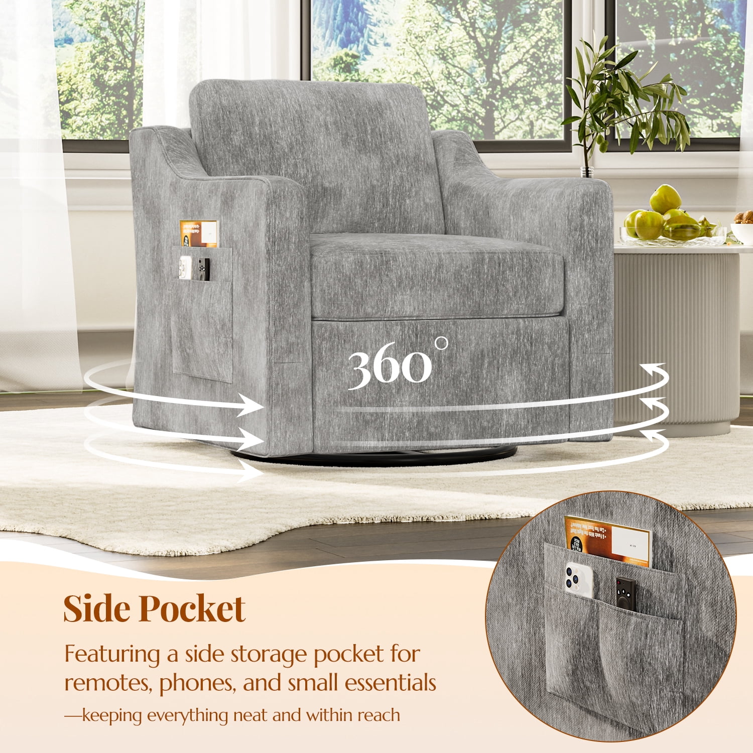ZBOM 360° Swivel Modern Accent Chair Set of 2, Large Comfy Reading Chairs, Accent Square Single-seat Armchair Upholstered Sofa for Reading, Living Room, Bedroom, Grey