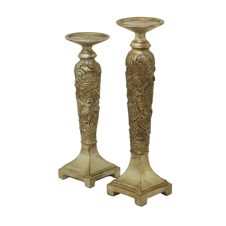 DecMode 2 Candle Champagne Polystone Candle Holder, Set of 2 