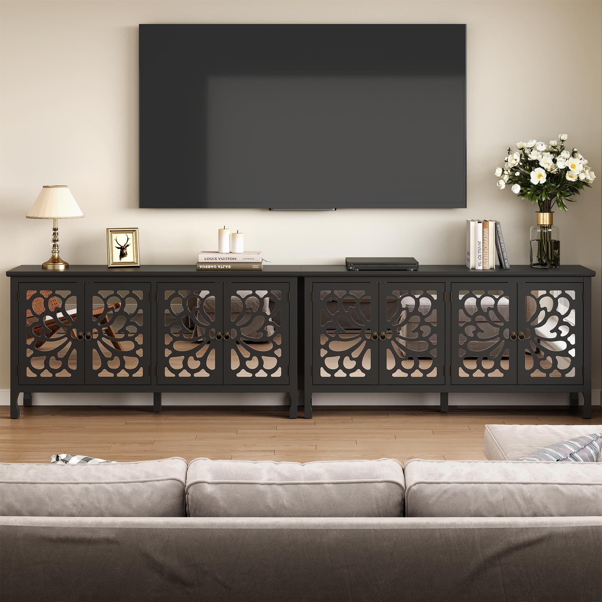 CozyHome 63" Carved Buffet Cabinet with Mirrored Door, Modern Console Cabinet with Storage and Adjustable Shelves, Wood Media Cabinet for Entryway, Living Room, Bedroom, Dining Room, Bathroom (Black)