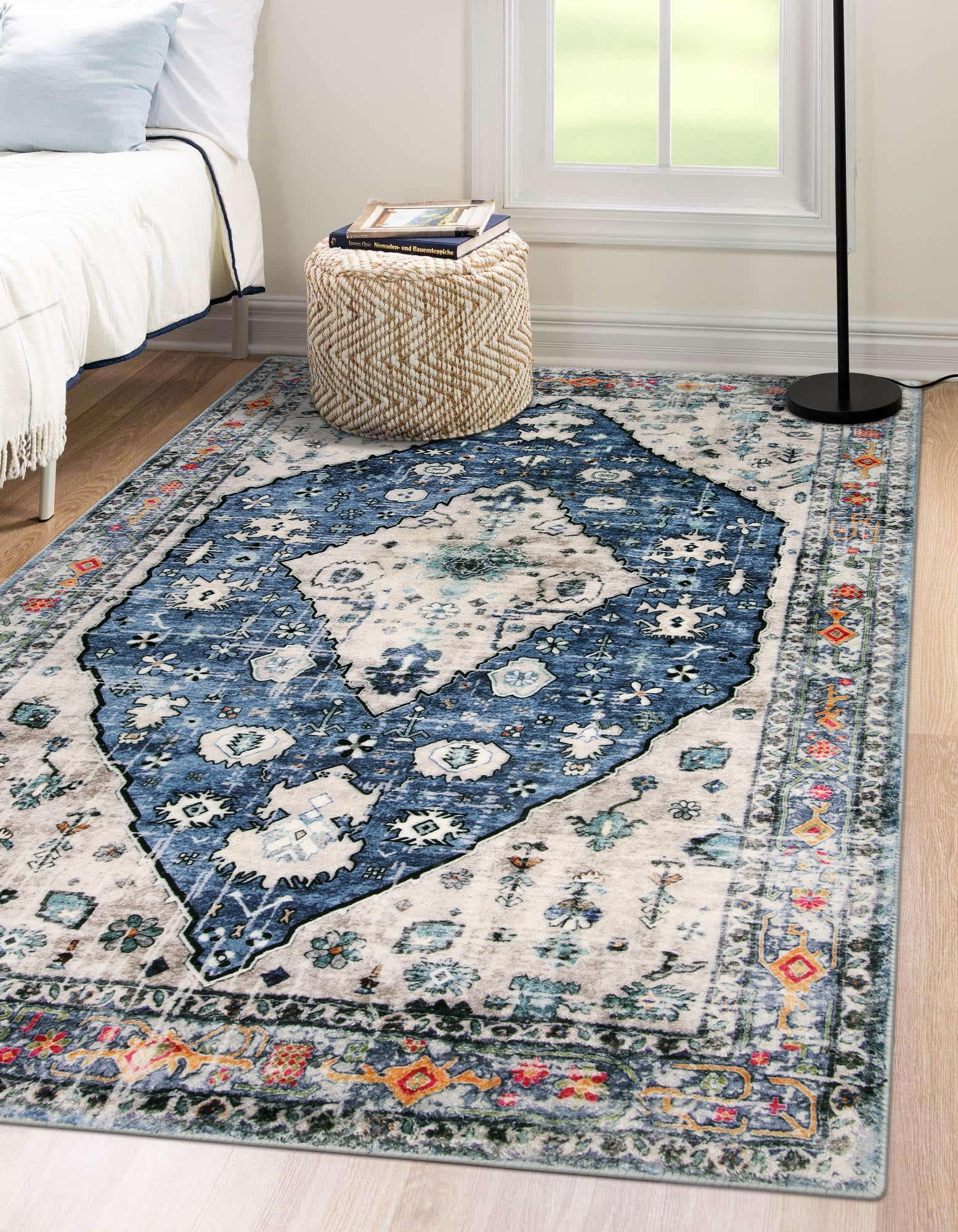 Wonnitar Boho Tribal 5'x7' Area Rug for Living Room, Washable Rug for Bedroom Vintage Coastal Accent Rug for Dinning Room Office Non Ship Low Pile Stain Resistant, Blue
