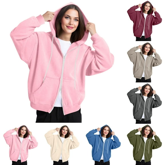 Titcea Zip Up Hoodie Women, Solid Color Pocket Drawstring Oversized Sweatshirt with Two Way Zipper, Warm Comfy Lightweight Casual Jackets