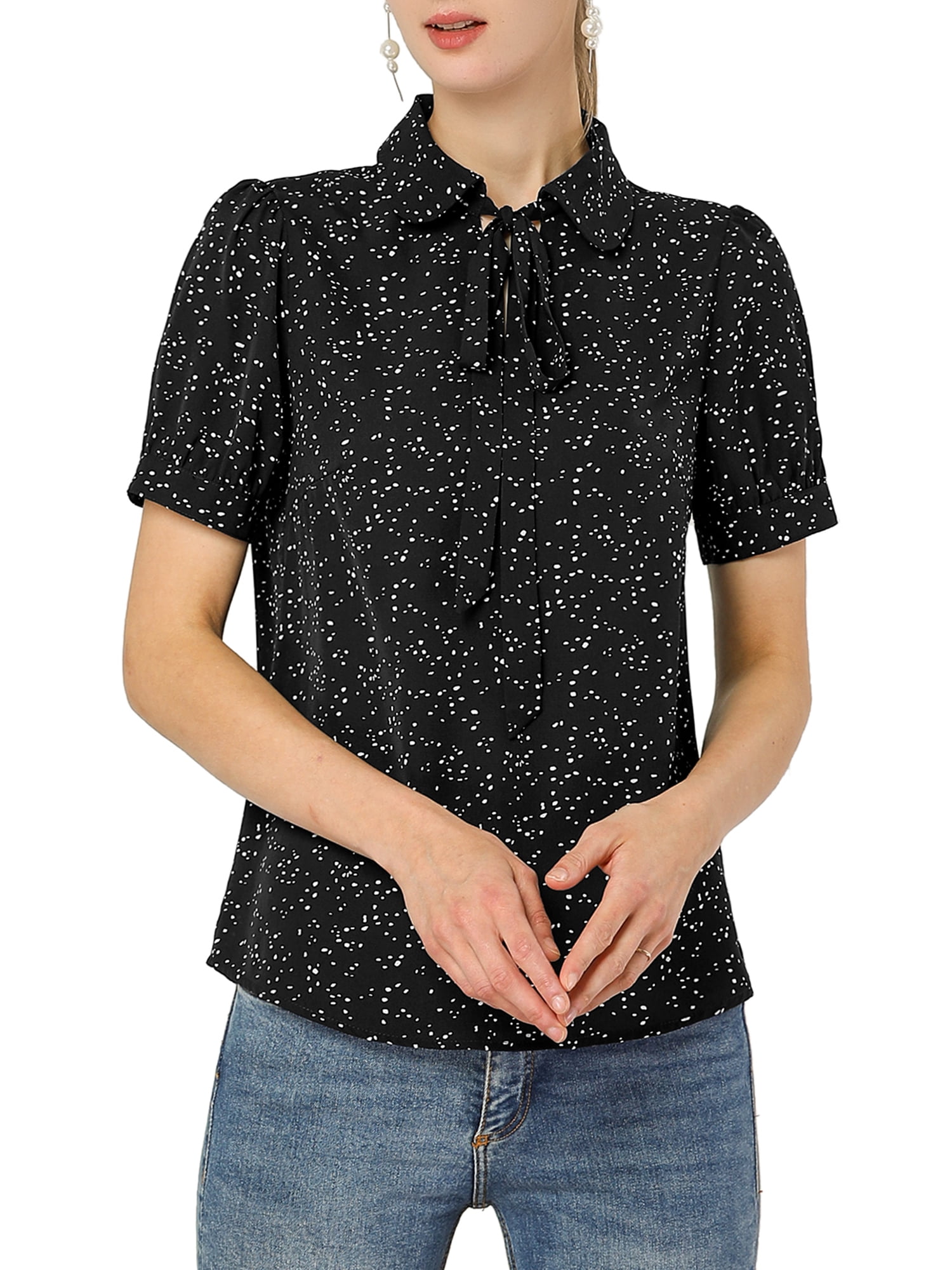 DARING DIVA Women's Polka Dots Tie Bow Chiffon Blouse XL Black-Dots