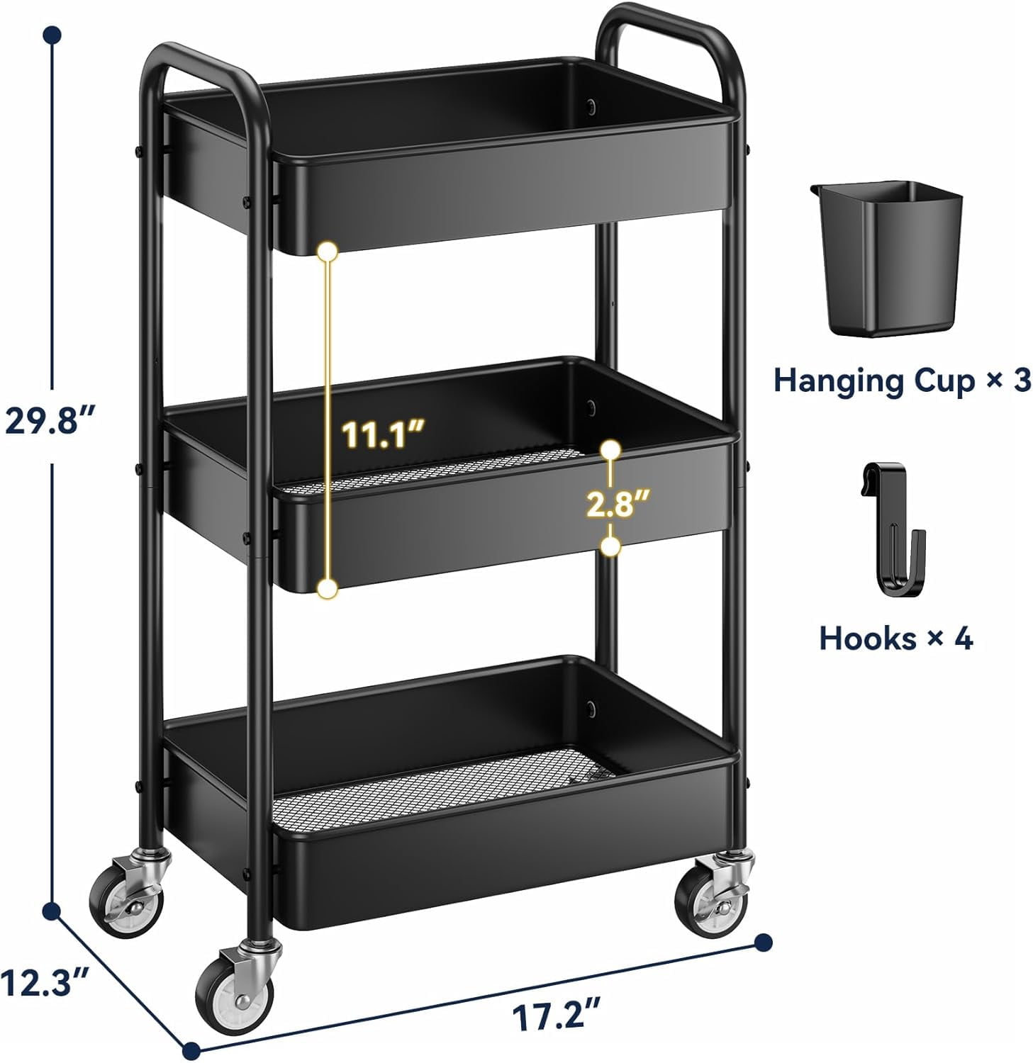 3 Tier Rolling Cart - Metal Utility Cart with Wheels, Hanging Cups, Hooks, Heavy Duty Mesh Rolling Storage Cart Organizer, Craft Cart for Kitchen Office, Lightweight and Sturdy