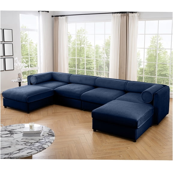 JERFIT Extra Large U-Shaped Sectional Sofa with Storage Ottoman, Convertible Chenille Fabric Deep Seating Couch for Living Room, Blue