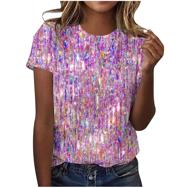 Liquidation! Uooqdmx Hauts Pailletés pour Femmes, Chemises à Manches Courtes pour Femmes, Hauts à Sequins pour Femmes, T-Shirt Décontracté à Col Rond Imprimé à Sequins, Chemises d'Été pour Femmes, Violet 3 TG