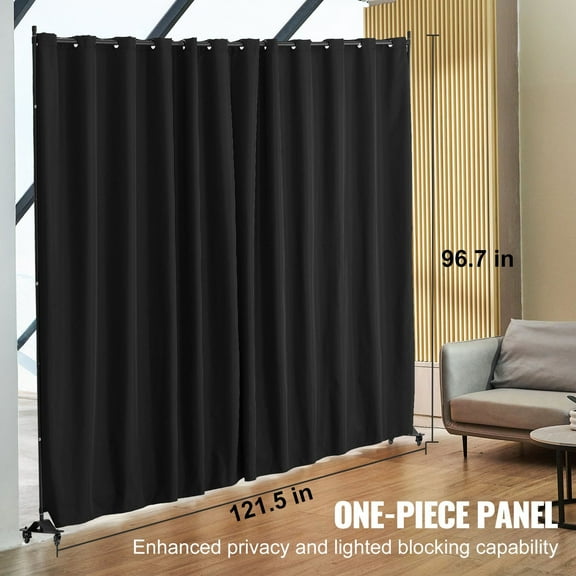 96" W x 120" H Black Portable Room Divider on Wheels, Privacy Screen Panel with Curtain for Office, Bedroom, Dining Room, Study