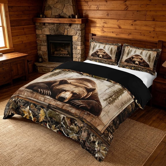 meiyoeat Rustic Cabin Bear Queen Duvet Cover Set, Vintage Farmhouse Bedding, Brown, Black Reversible 3-Piece, 1 Duvet Cover and 2 Pillowcases
