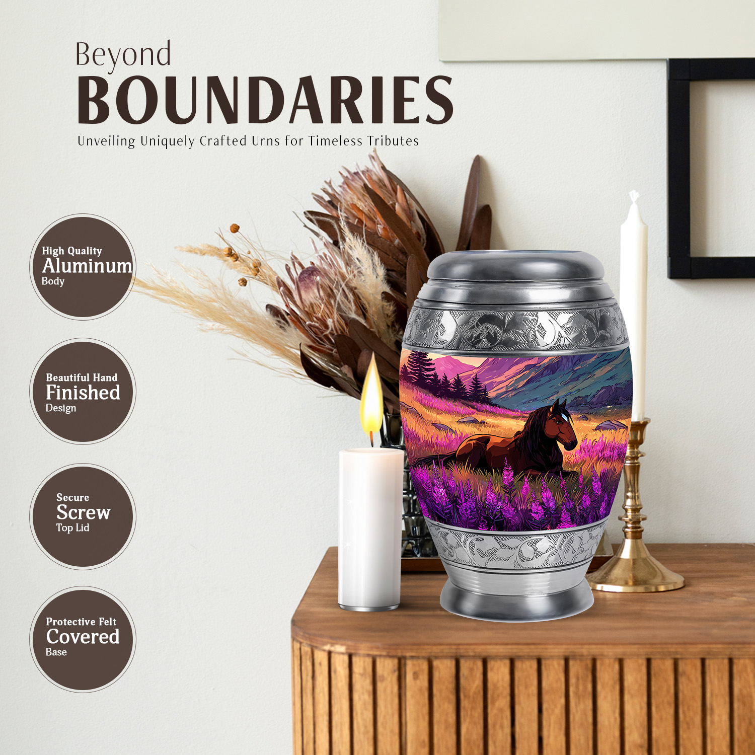 JAGASY Horse Memorial Large Urn for Ashes Adult Male, Dark Blue Urns for Human Ashes for Women, Purple Flowers Decorative Urns for Mother, Mountain Cremation Urn for Father, (10 Inch)