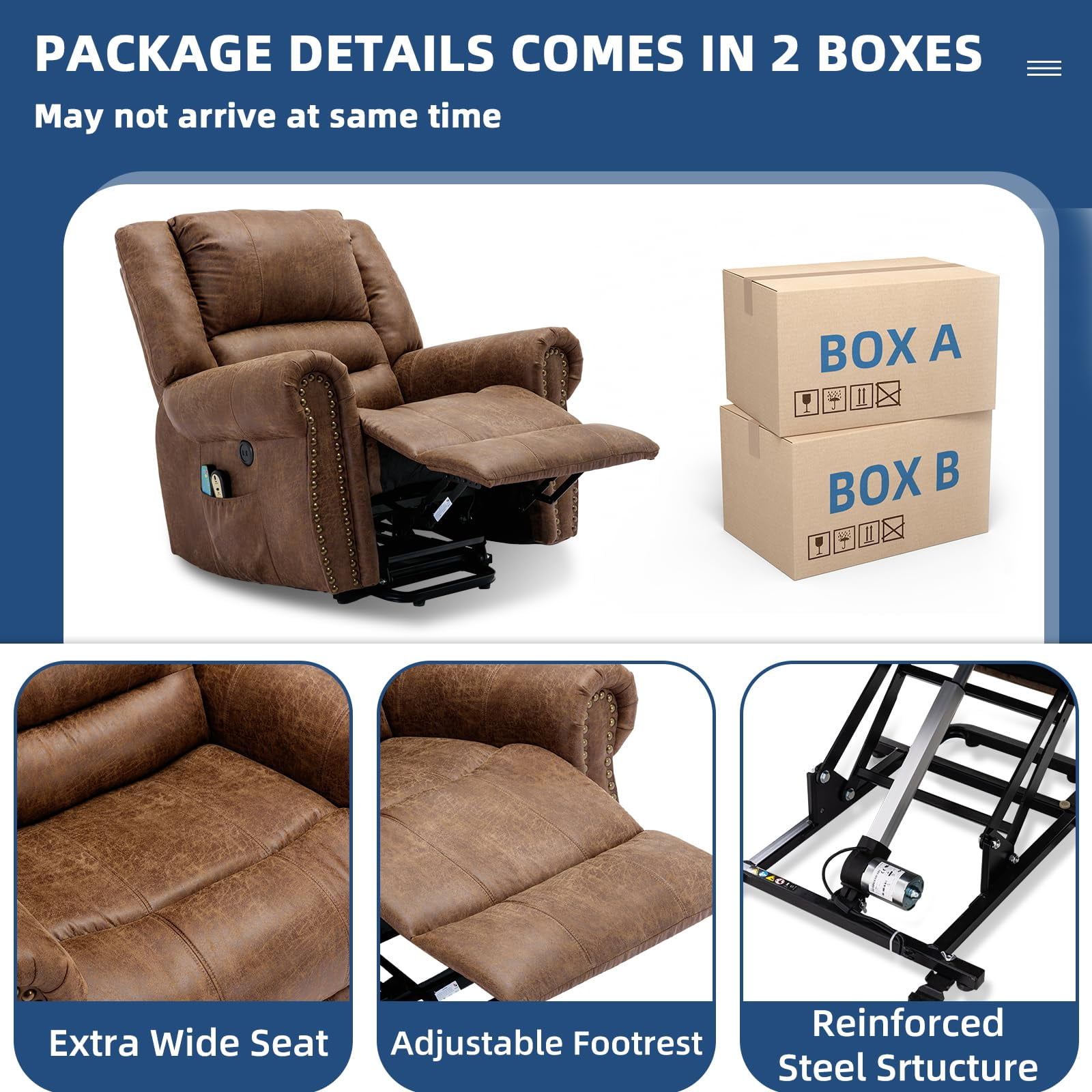 SOCIALCOMFY Power Lift Recliner Chair for Elderly with Massage and Heat, Electric Recliner Chair with Rivet Decoration, 2 Remote Controls, Side Pockets & USB Ports for Home, Office (Nut Brown)