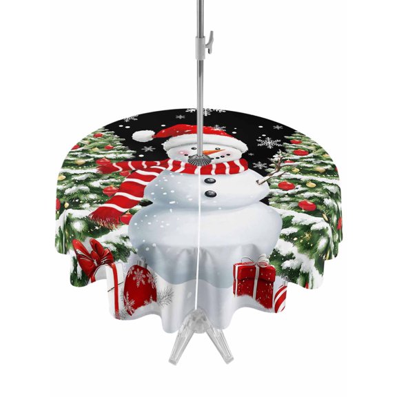 Outdoor Tablecloth with Umbrella Hole and Zipper, Black Christmas Round Table Cloth 54 Inch Waterproof Tablecloth, Snowman Snowflake Xmas Tree Gifts Picnic Table Cover for Patio Camping