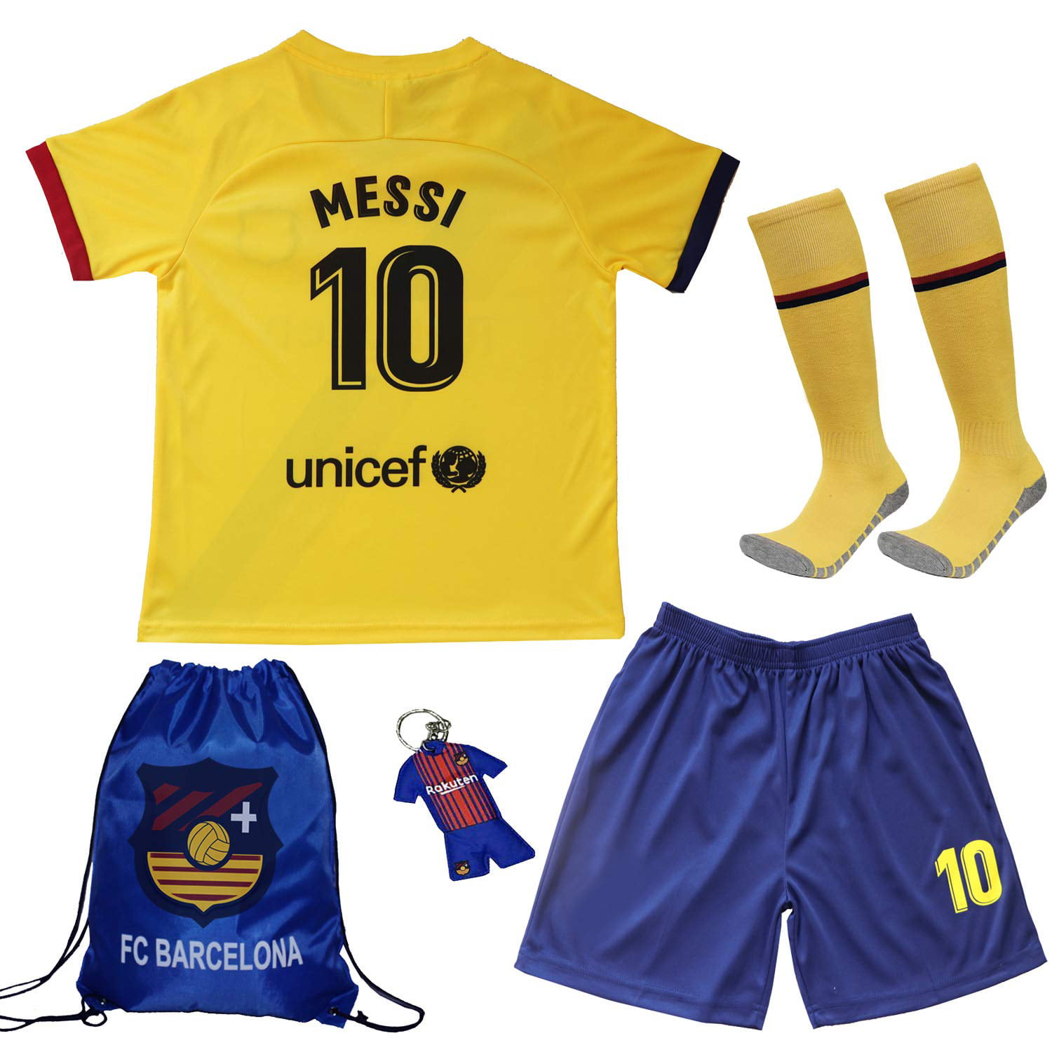 BIRDBOX Youth Sportswear Barcelona Leo Messi 10 Kids Away Soccer Jersey/Shorts Bag Keychain Football Socks Set