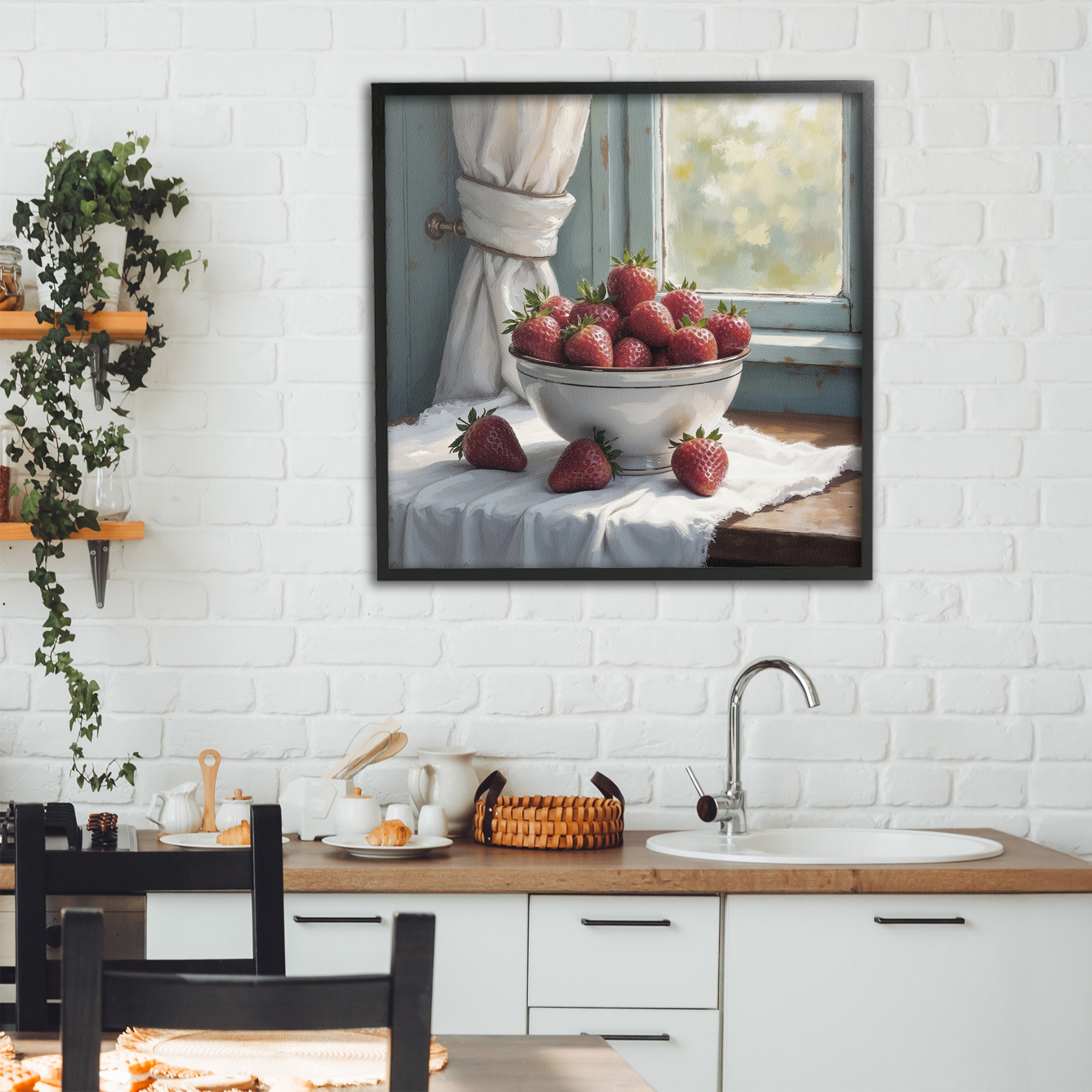 Strawberry Harvest in Window Black Framed Giclee Art, design by Lettered and Lined