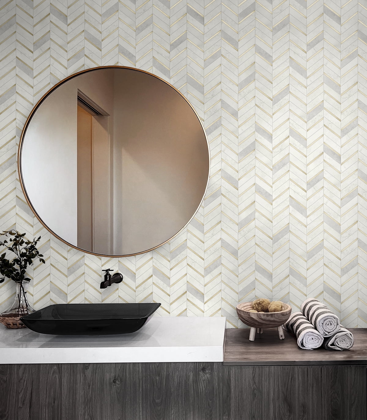 NextWall Metallic Gold & Pearl Gray Chevron Marble Tile Peel and Stick Wallpaper