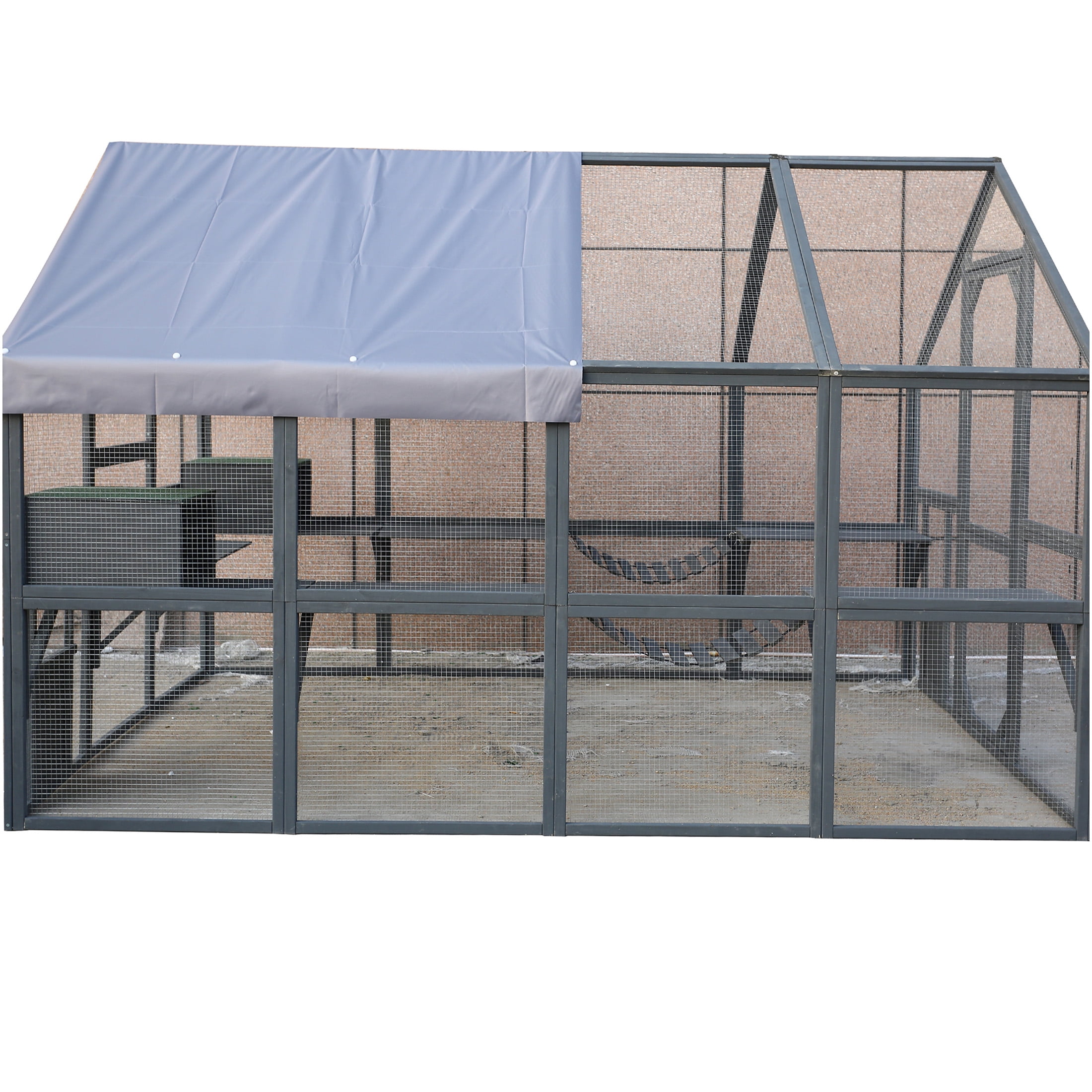 JERFIT Large 110" Outdoor Catio Enclosure with Roof, 2 Bridges & 2 Houses - Gray Wooden Cat Run for Indoor/Outdoor Cats