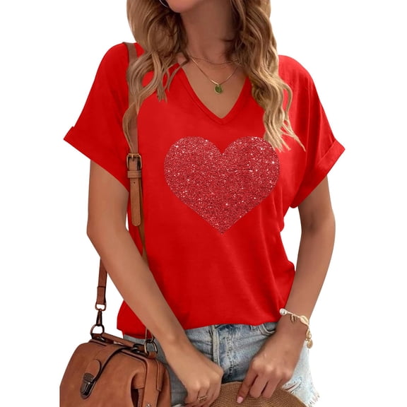 Womens Valentines Day Tee Heart Shaped Printed Top V Neck T Shirt