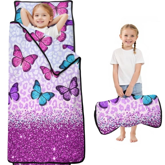 Purple Butterfly Leopard Pattern Teens Toddler Nap Mat with Pillow, Sleeping Mat Bag for Preschool Daycare 59"x22"