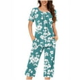 thumbnail image 2 of CLOISE Women Pajama Sets Two-Piece Comfortable Short Sleeve Sleepwear Blouses and Soft Capri Pants with Pockets Sleep Sets Casual Button Plisse Floral Graphic Cute Nightwear, 2 of 5