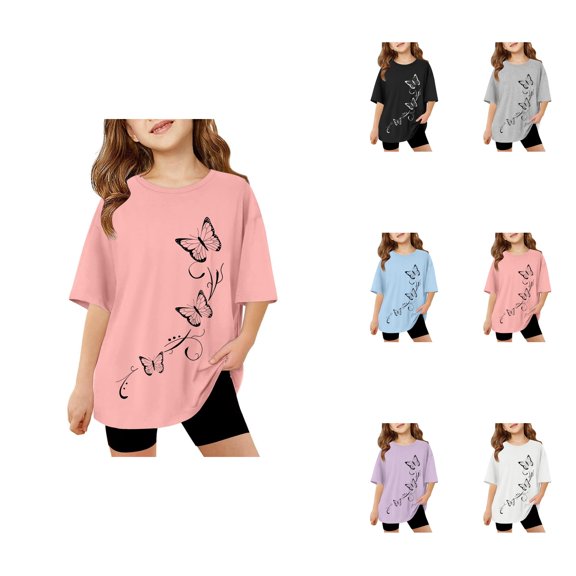 Girls Short Sleeve T-Shirts, Casual Comfortable Cotton Crewneck Tees for Kids 3-14 Years