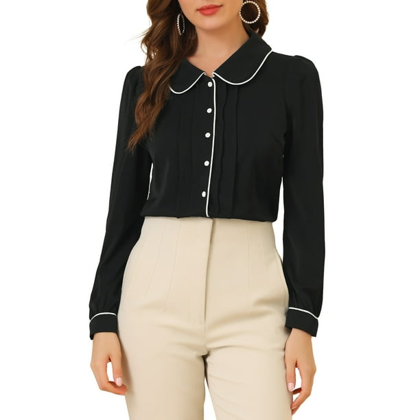 BLUSA CHIC PARA MUJER CON COLLAR PETER PAN Y MANGAS ABULLONADAS, CON TRIM CONTRASTANTE Y BOTONES, TAMAÑO 3XL, NEGRO