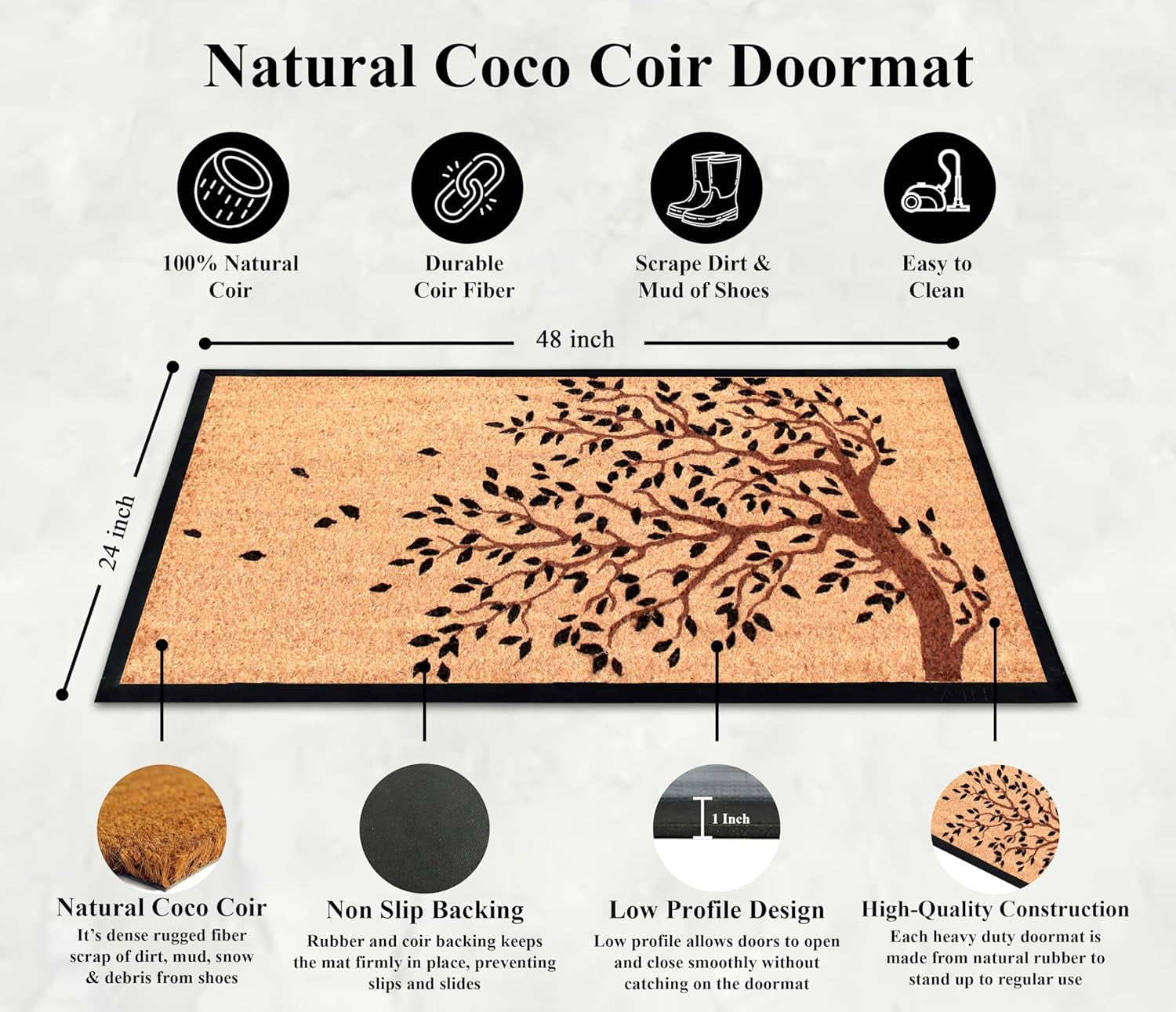 A1 Home Collections Entrance Door Mats, 24” x 48”, Durable Large Non-Slip Welcome Doormat, Rubber Backed Thin-Profile Heavy Duty Doormat for Front Door, Shedding Tree Bronze