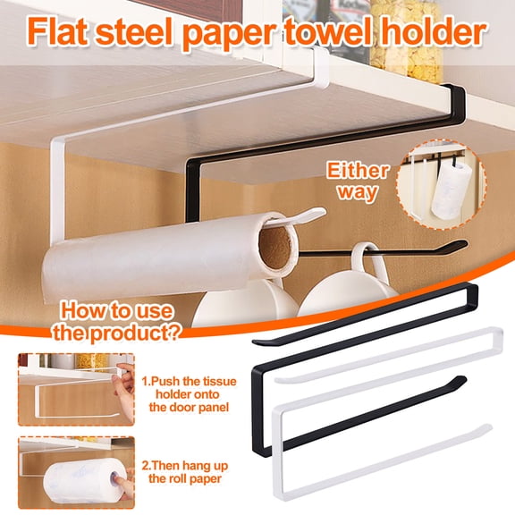 MORESEC under $5 2Pcs Roll Paper Holder,Under Cabinet Paper Towel Rack, No Drill Mounting, Space-Saving Kitchen Bathroom Organizer, Heavy Duty Coated Steel for Rolls Bags Film