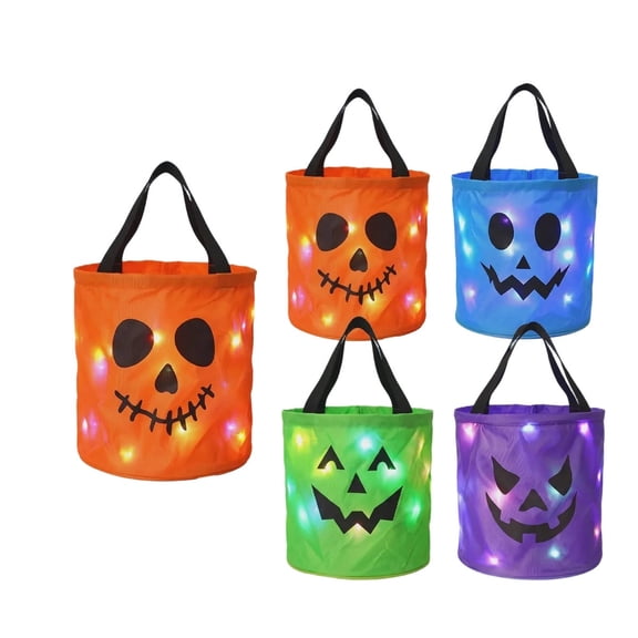 4 Pack LED Halloween Candy Bags for Kids, Light Up Pumpkin Skull Trick or Treat Buckets, Glowing Goodie Tote Bags with Handles for Halloween Party Favors