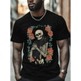 thumbnail image 4 of Skull Black Cat Men's T Shirts Vintage Abstract T-Shirt for Men Crew Neck Tees Cotton Tops, Black, S, 4 of 7