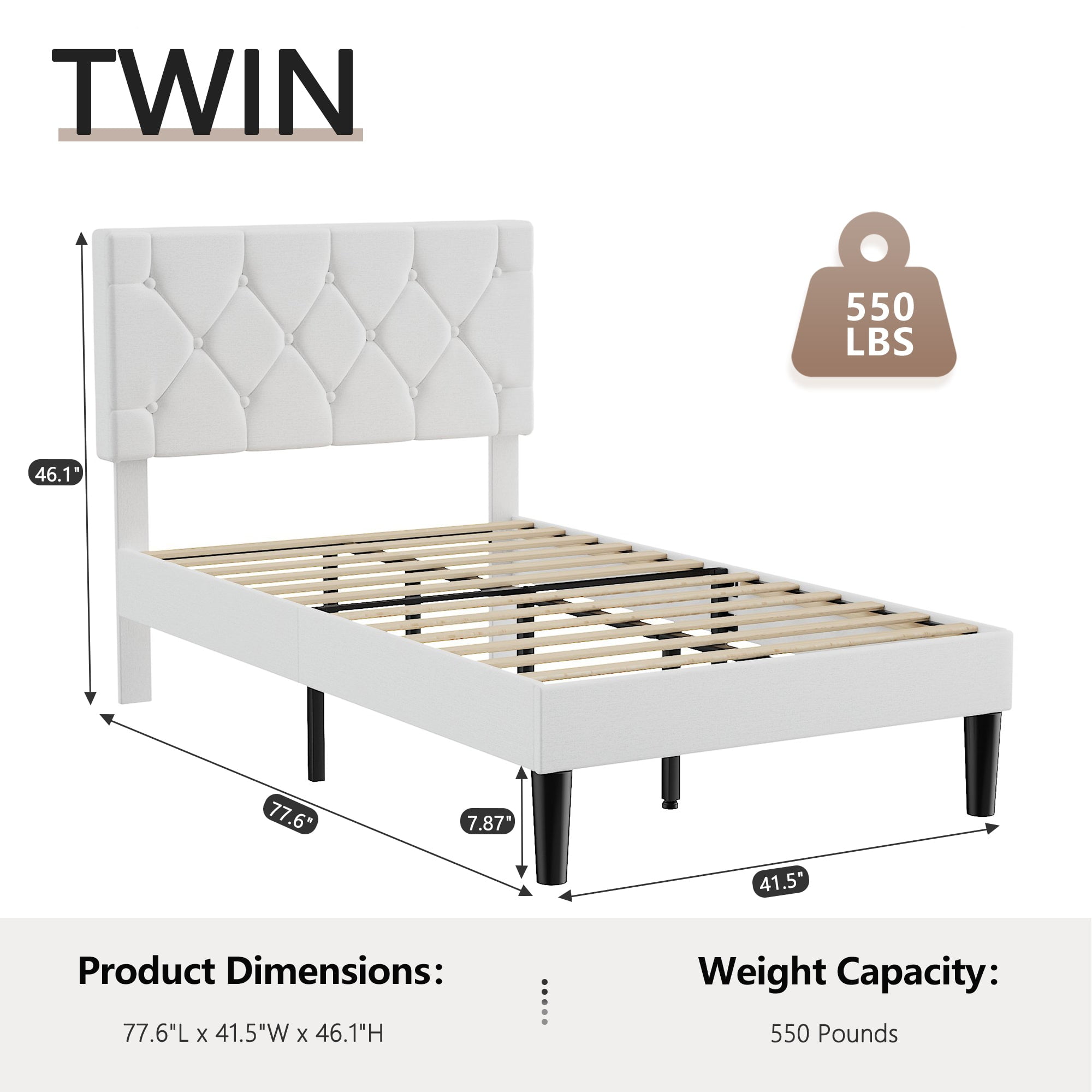VECELO Twin Size Platform Bed Frame Upholstered Beds with Height-Adjustable Linen Button Tufted Headboard, Bed Frame, White