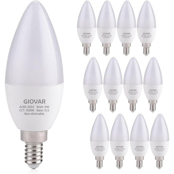 TRAHOO-12-Pack LED Celing Fan Light Bulbs 60 Watt, Daylight 5000K, E12 Candelabra Bulb Base Socket, 120V, Type B, Non-Dimmable