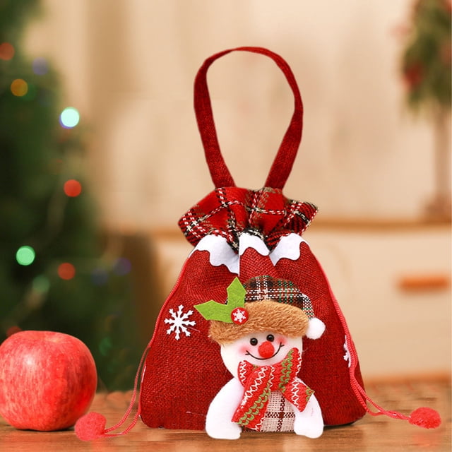 Fiudx Bolsa de Regalo Navideña de Lino, Diseño de Dibujos Animados, Color Rojo, Multiusos, Ideal para Dulces y Pequeños Regalos, 35 X 22 Cm.