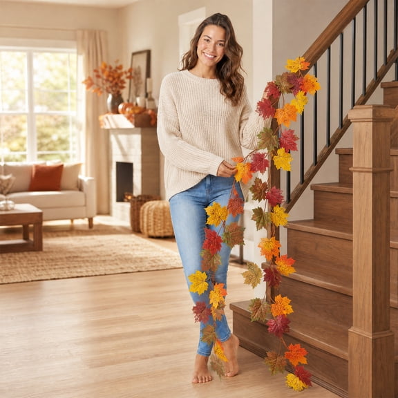 Realistic Artificial Maple Leaf Garland Lifelike Fall Rattan Vine with Vibrant Autumn Colors for Thanksgiving Fireplace Table Centerpiece, Halloween Home Decor