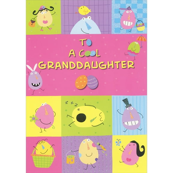 Designer Greetings Panels of Eggs with Faces Walking, Waving and Being Silly Juvenile Easter Card for Granddaughter