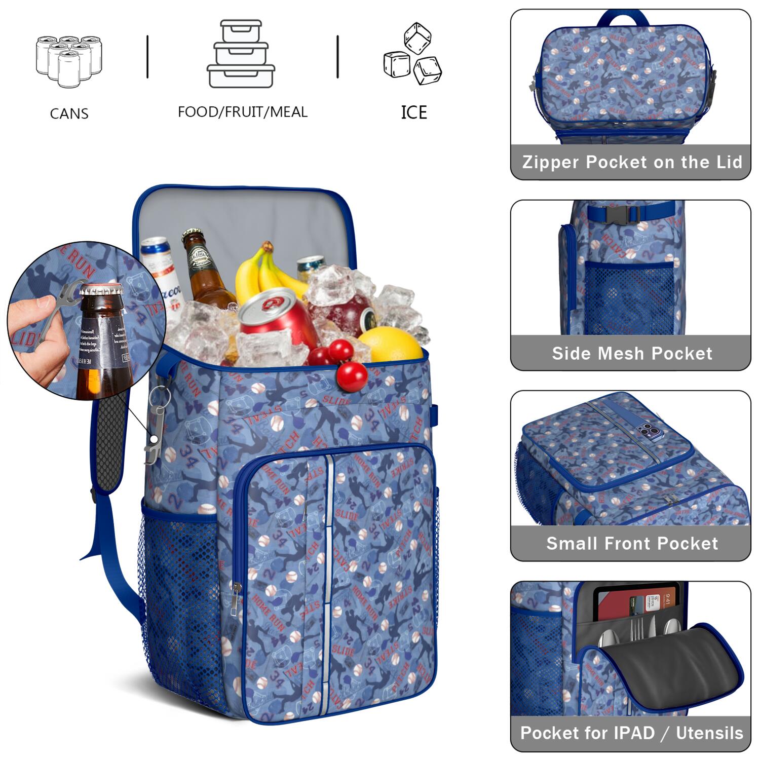 Travel Cooler Bag - Blue Baseball Silhouette Pattern Camping Beer Cooler Backpack with Bottle Opener- Waterproof Insulated Picnic Backpacks - Cooler Bag for Beach