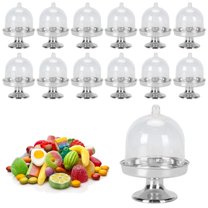 Mini Cake Stand Boxes Topboutique 12 Pcs Plastic Dessert Display Plate with Dome Cover Chocolate Containers Small Candy Case for Birthday Wedding Holiday Party Supplies (Silver)