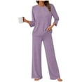 thumbnail image 6 of 2 Piece Fall Outfits for Women Ribbed Knit 3/4 Sleeve Top and Wide Leg Pant Set with Pockets Casual Loungewear (XL, Purple), 6 of 6