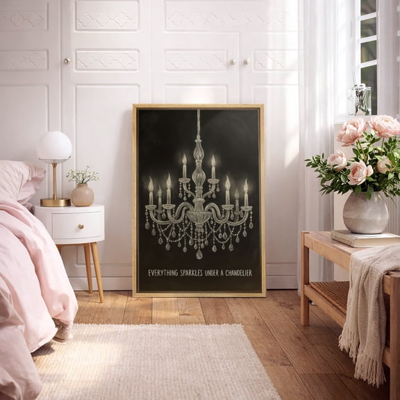 Framed Canvas Print Lights Wall Art Chandelier Silhouette Decorative for Living Room Bedroom - 16"x24" NATURAL