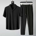 thumbnail image 3 of Summer Men's 2-Piece Sports Suit, Thin Fashion Short Sleeve Top and Pants, Lightweight Luxury Trendy Outfit For Hot Weather Athletic Wear,Black,L, 3 of 9