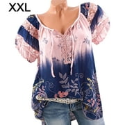 Blouse Short Sleeve Print Shirt V Neck Loose Blouse Woman Summer Top, Pink, XXL