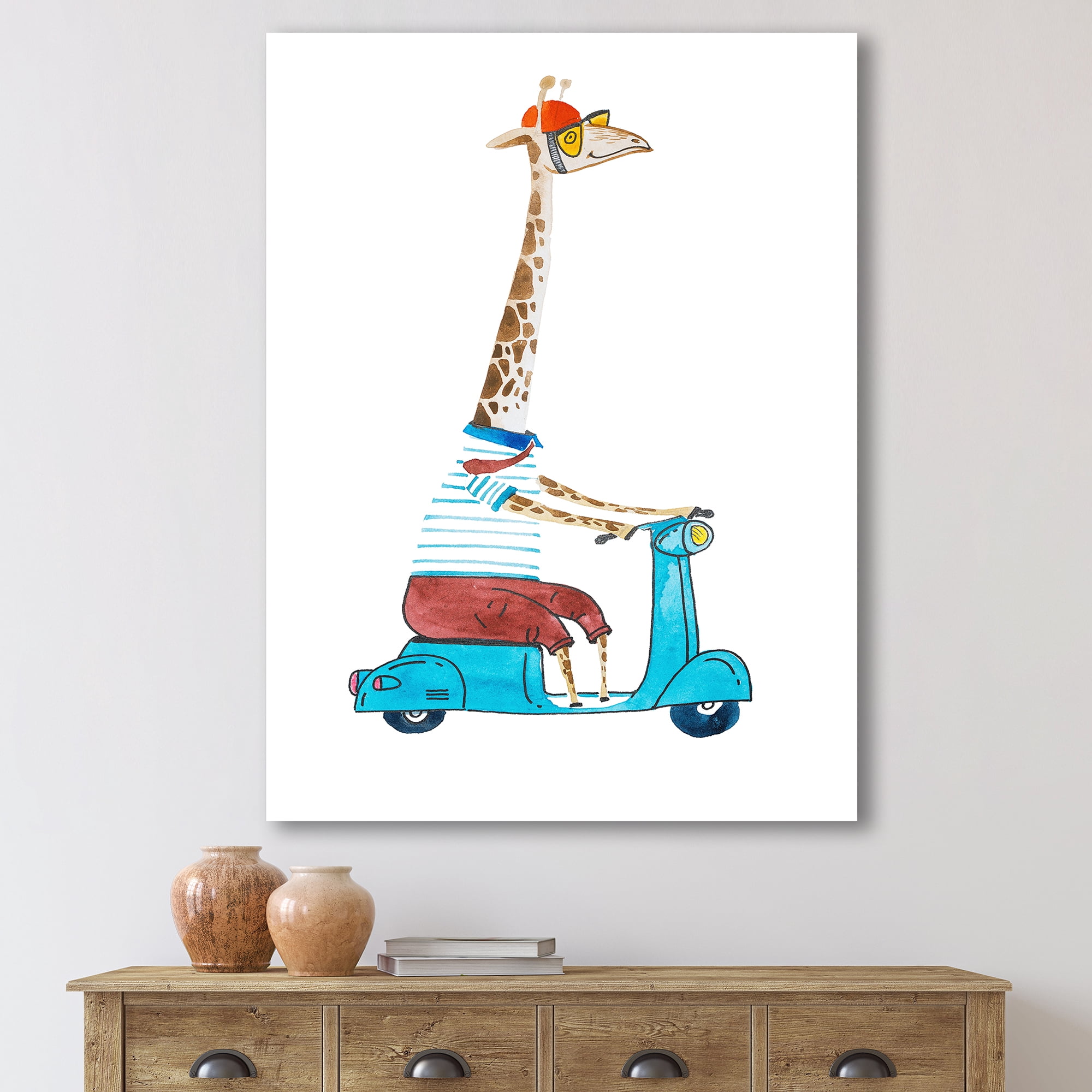 Designart ' Giraffe Dressed Up Wearing Helmet & Riding Blue Scooter ' Children's Art Canvas Wall Art Print