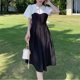 thumbnail image 4 of Vestido elegante con cuello de muñeca y mangas cortas abombadas, vestido ajustado en blanco y negro dulce para mujer, para cena, fecha y vacaciones, 4 of 8