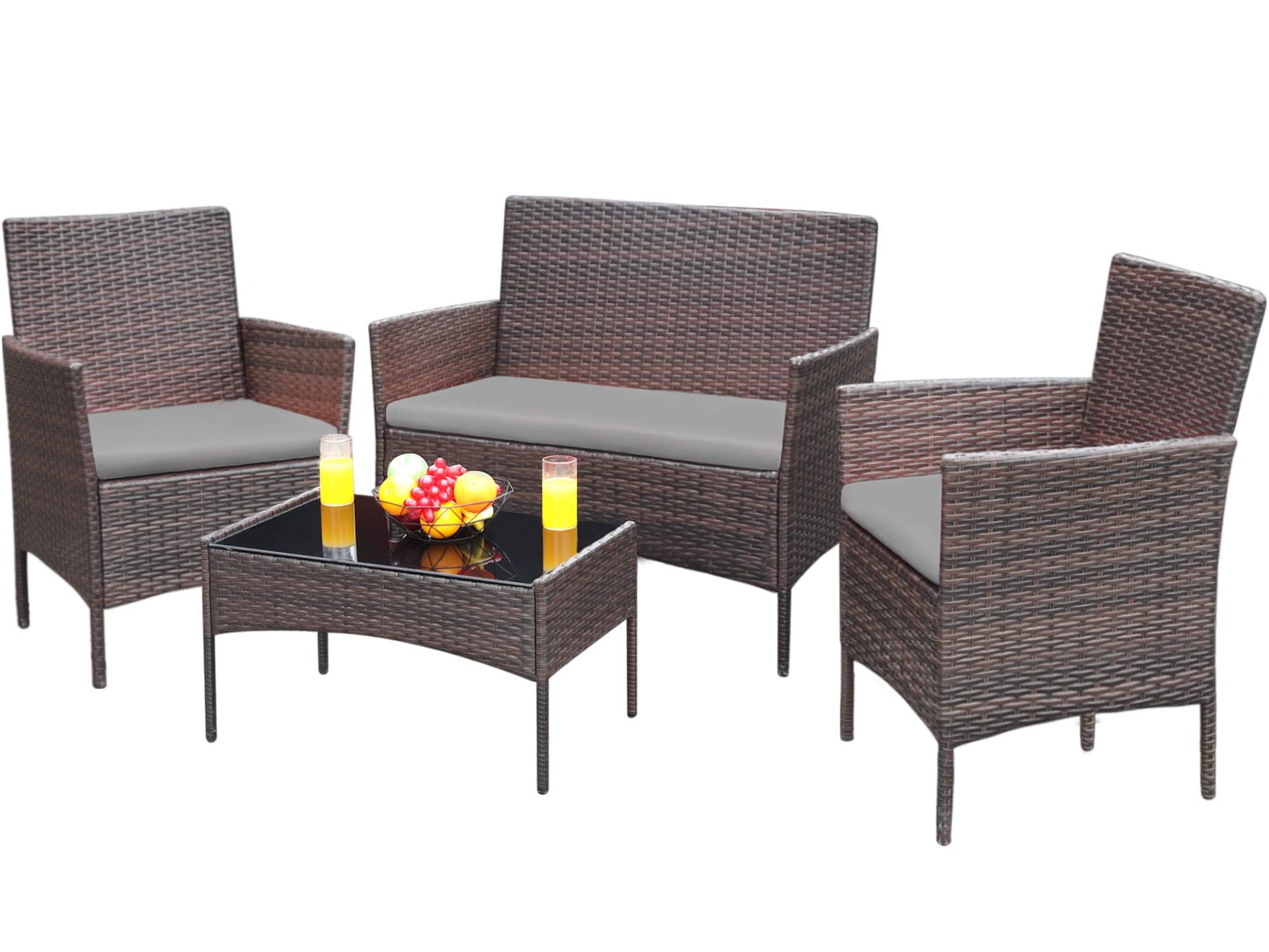 Devoko 4 Pieces Outdoor Patio Conversation Set PE Rattan Wicker Furniture Set, Brown/Gray
