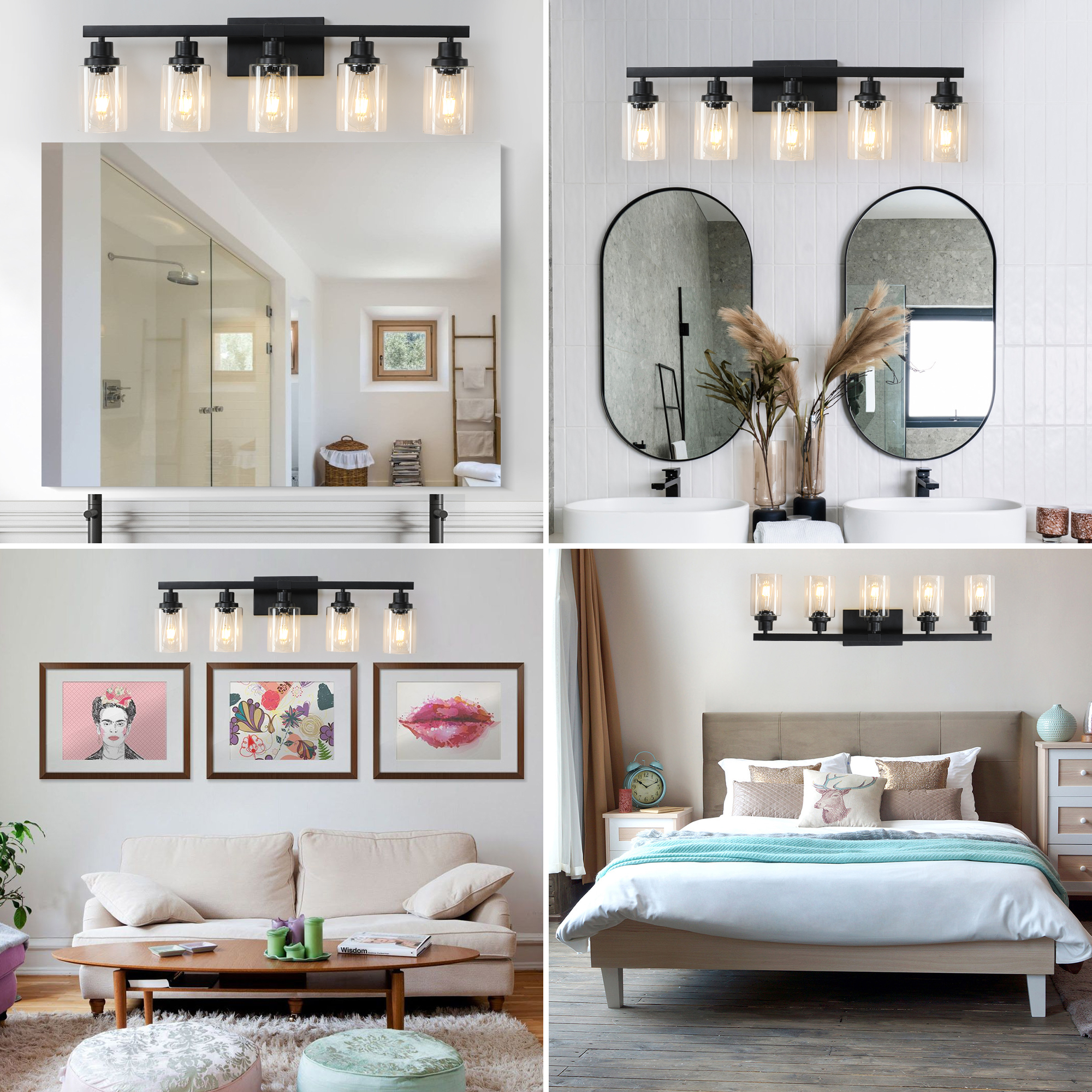 Leumius Modern Black 5-Light Bathroom Vanity Light Fixture, Industrial Wall Sconce with Clear Glass Shades for Mirror, Bathroom, Bedroom and Hallway (No Bulbs)