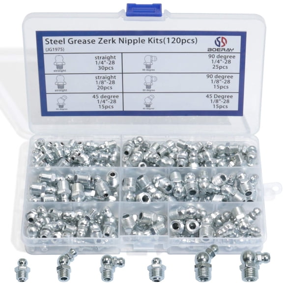 Boeray Raccord de Graisse Hydraulique SAE Standard 120 Pcs Kits d'Assortiment - 1/4 Pouces-28 1/8 Pouces-28 Droit et 90 Degrés et 45 Degrés Mamelon de Graisse Zerk en Acier