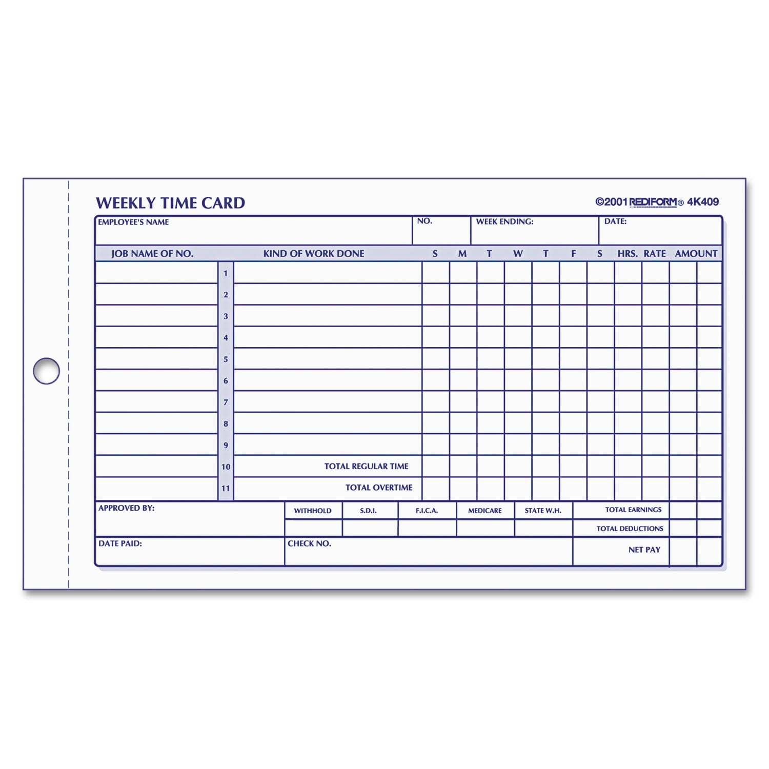 Rediform Weekly Time Cards-Time Card Pads Manila For Weekly Time Wholesale CASE of 25 4-1/4x7 