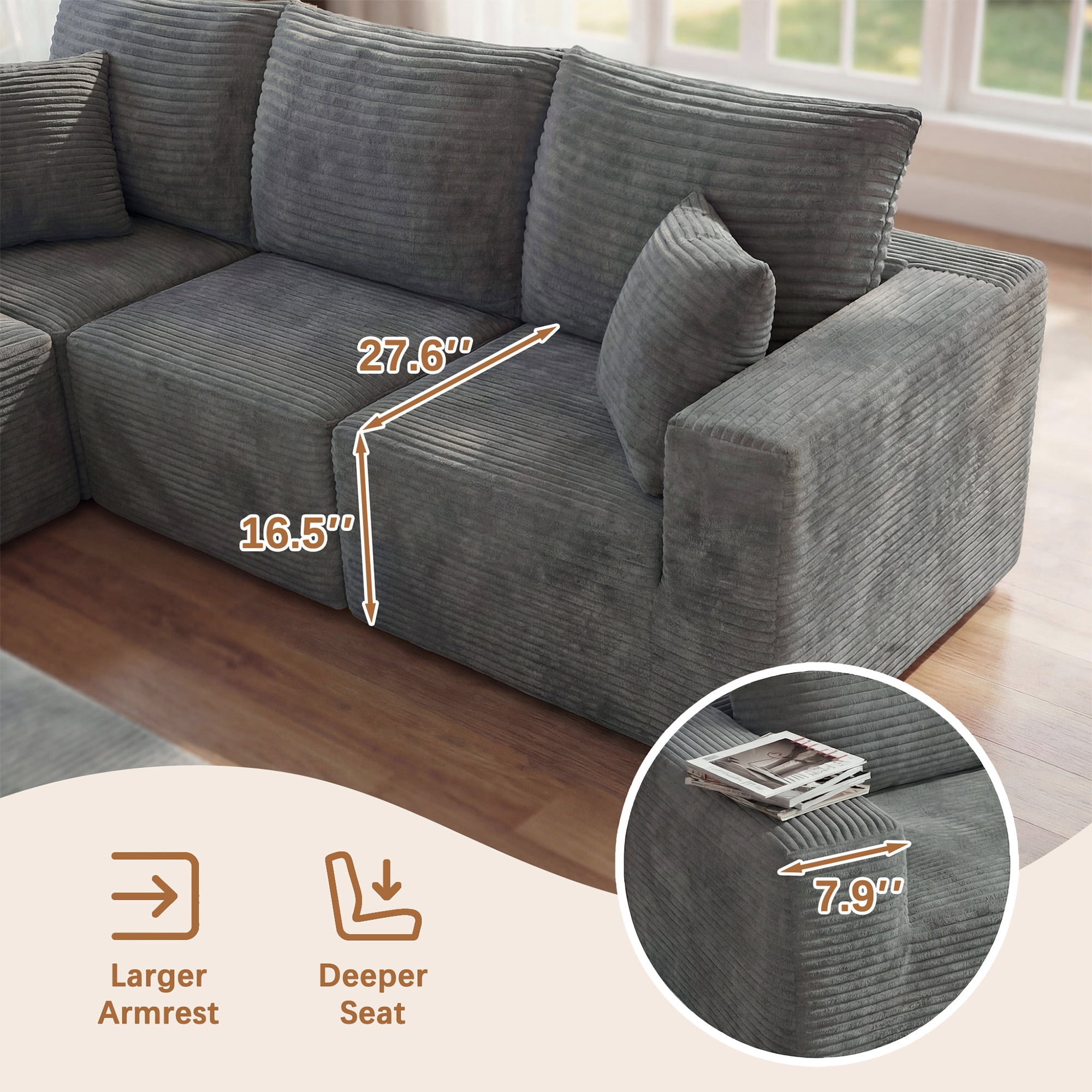 Homall V Shaped Corner Modern Sofa Sectional Cloud Couch with Deep Seat No Assembly Required Corduroy Fabric Couches for Living Room and Apartment,Gray