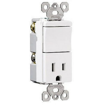 Pass & Seymour Legrand TM818-W Combination Rocker Light Switch & Single Outlet Receptacle, Decorator, Single Pole, Back & Side Wire, Gounding, 15A 120V, White