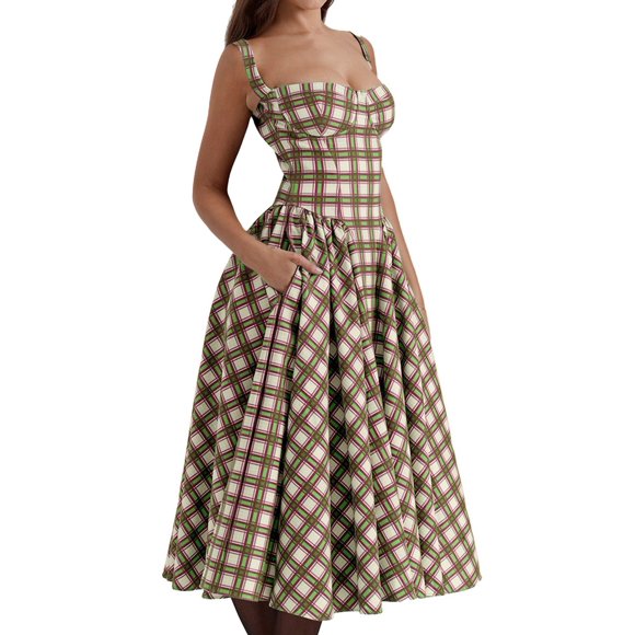 Womens Corset Dress Elegant Strap Midi Dress Flowy Pleated Hem Low Cut Prom Dresses Bustier Dress Green Plaid M