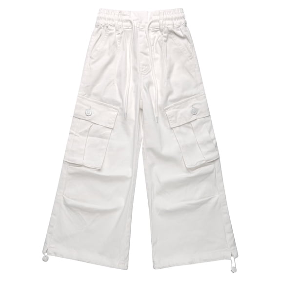 KIDSCOOL Girls Cargo Denim Jeans Elastic Drawstring Waist Wide Leg Pants,White,5-6 Years