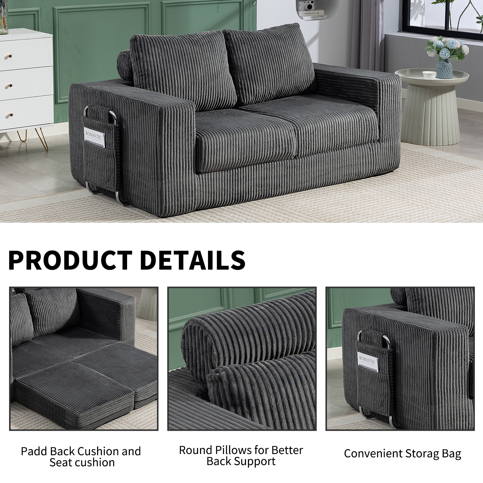 69 Inches Convertible Sofa Bed Boneless 2 Seats Loveseat Sleeper Sofa 2 Seater Small Couch 3-in-1 Folding Sofa Floor Sofa with Deep Seat No Assemble Required Grey